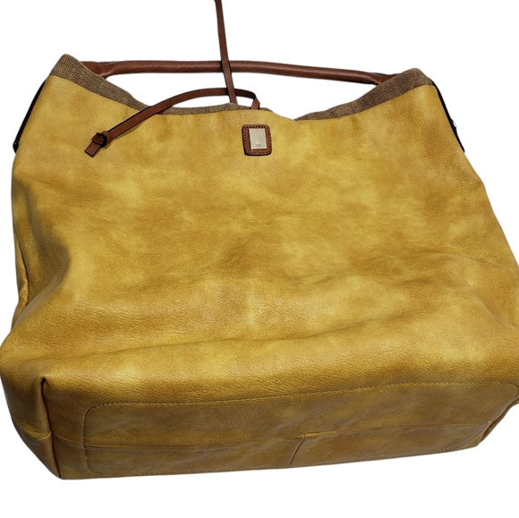 Paco Martinez Faux Leather Tote Shoulder  Bag Canvas Inside  Yellow Gold Brown - Picture 1 of 15